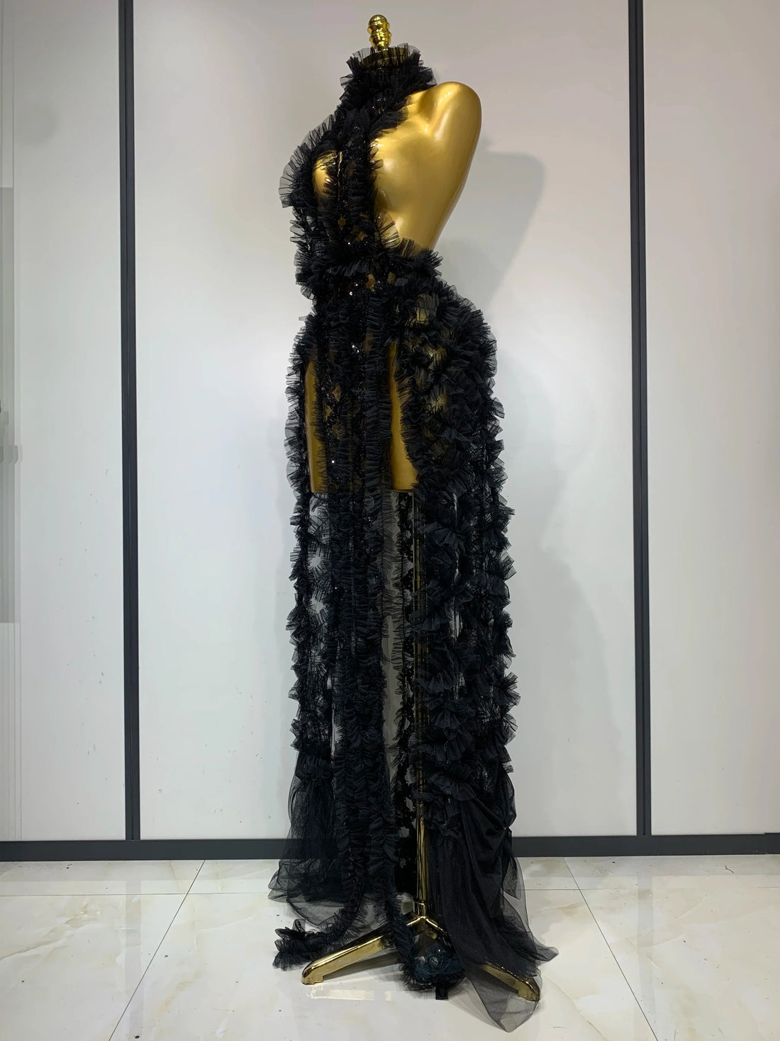 Black Mesh Sequins Sexy  Halter See Through Dress  Evening Party Prom Nightclub Singer Performance Costume Stage Wear