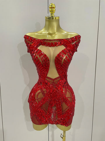 Shining Red Rhinestones Sexy Mesh See-Through Mini Dress Women Celebrate Evening Prom Birthday Party Dress Stage Shoot Wear
