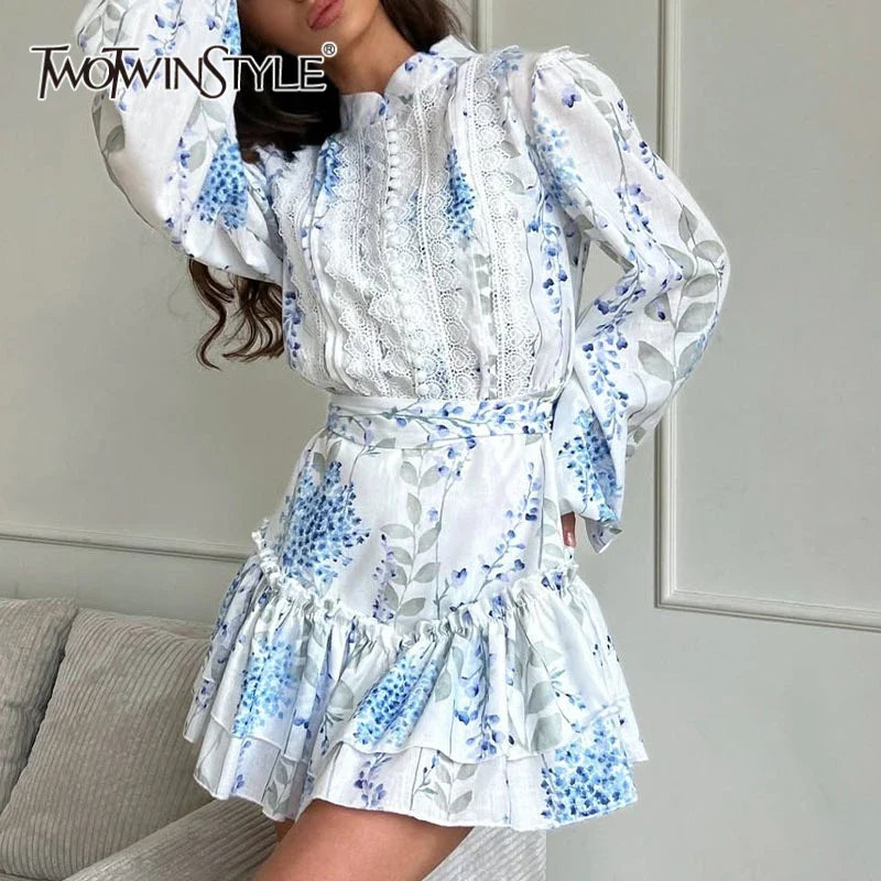 Hit Color Spliced Printing Elegant Dresses for Women High Waist Long Sleeves Patchwork Ruffles Folds Dress Female