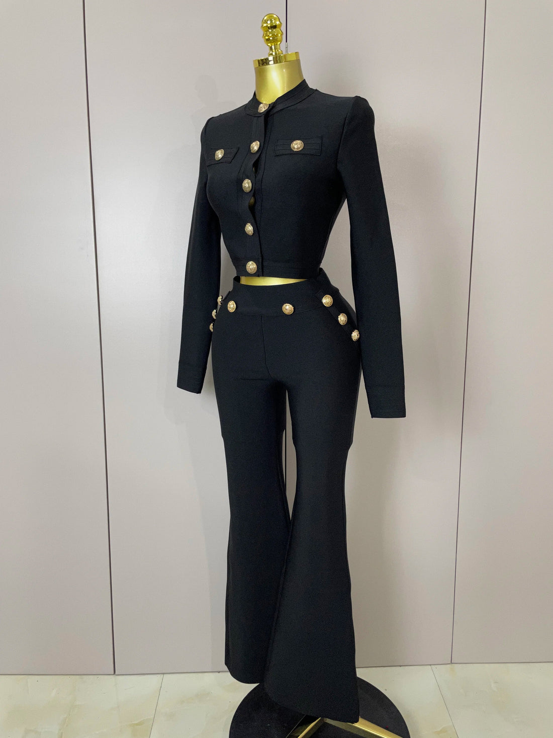 New Golden Buttons Short Coat Top And Flare Pants  Bandage 2 Pieces Set Woman Celebrity Evening Party Vestidos