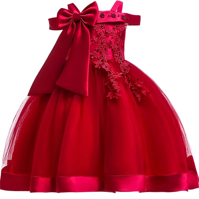 3-10 Years Kids Christmas Party Dresses For Girls Appliques Flower Elegant Wedding Dress With Bow Children Birthday Prom Gown