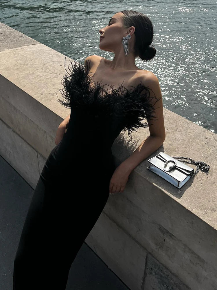 VC Woman Strapless Feather Design Dress For Party Chic Bodycon Bandage Black Long Dress Vestido