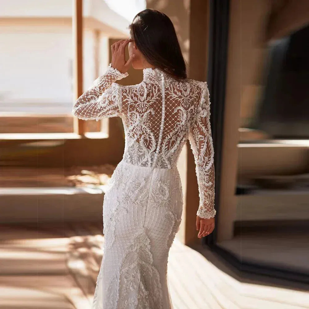 Charming Lace Mermaid Wedding Dress for Women Tulle Illusion High Neck Long Sleeve Bridal with Back Button Vestido De Novia 50cm