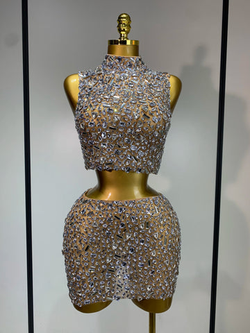 Sparkling Rhinestone Sexy See Through Blackless Top Skirt Two Pieces Set Woman Luxury Birthday Evening Party Gowns