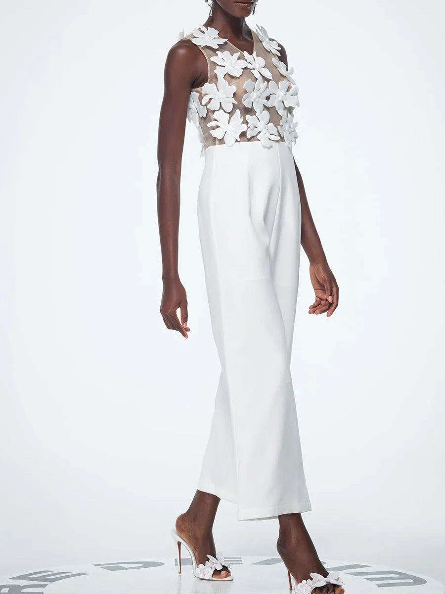 Solid Slimming Spliced Appliques Jumpsuits for Women V Neck Sleeveless High Waist Elegant Jumpsuit Female Fashion