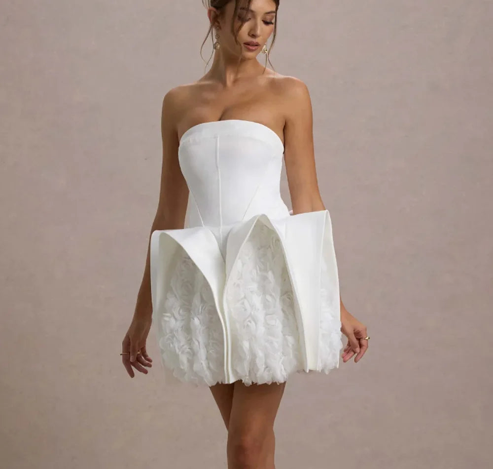 2025 New White Color Women Sexy Strapless Florals Bodycon Mini Dress Cute Girls' Birthday Party Celebrate Wedding Outfit