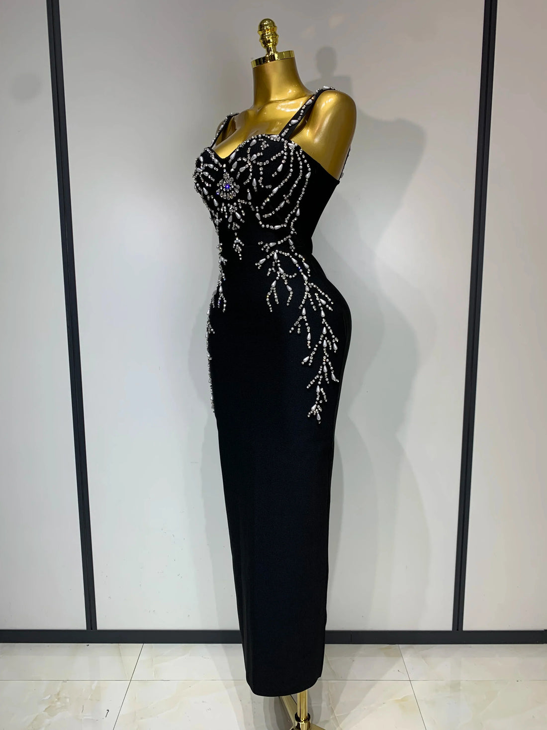 Women Sexy V Neck Black Beading Maxi Long Bodycon Bandage Dress 2025 Celebrity Elegant Evening Club Party Luxury Birthday Dress