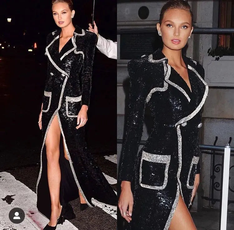 Celebrity Evening Cocktail Party Maxi Dress Women Polo Neck Long Sleeve Double breasted Pocket Design Slim Fit Split Long Dress