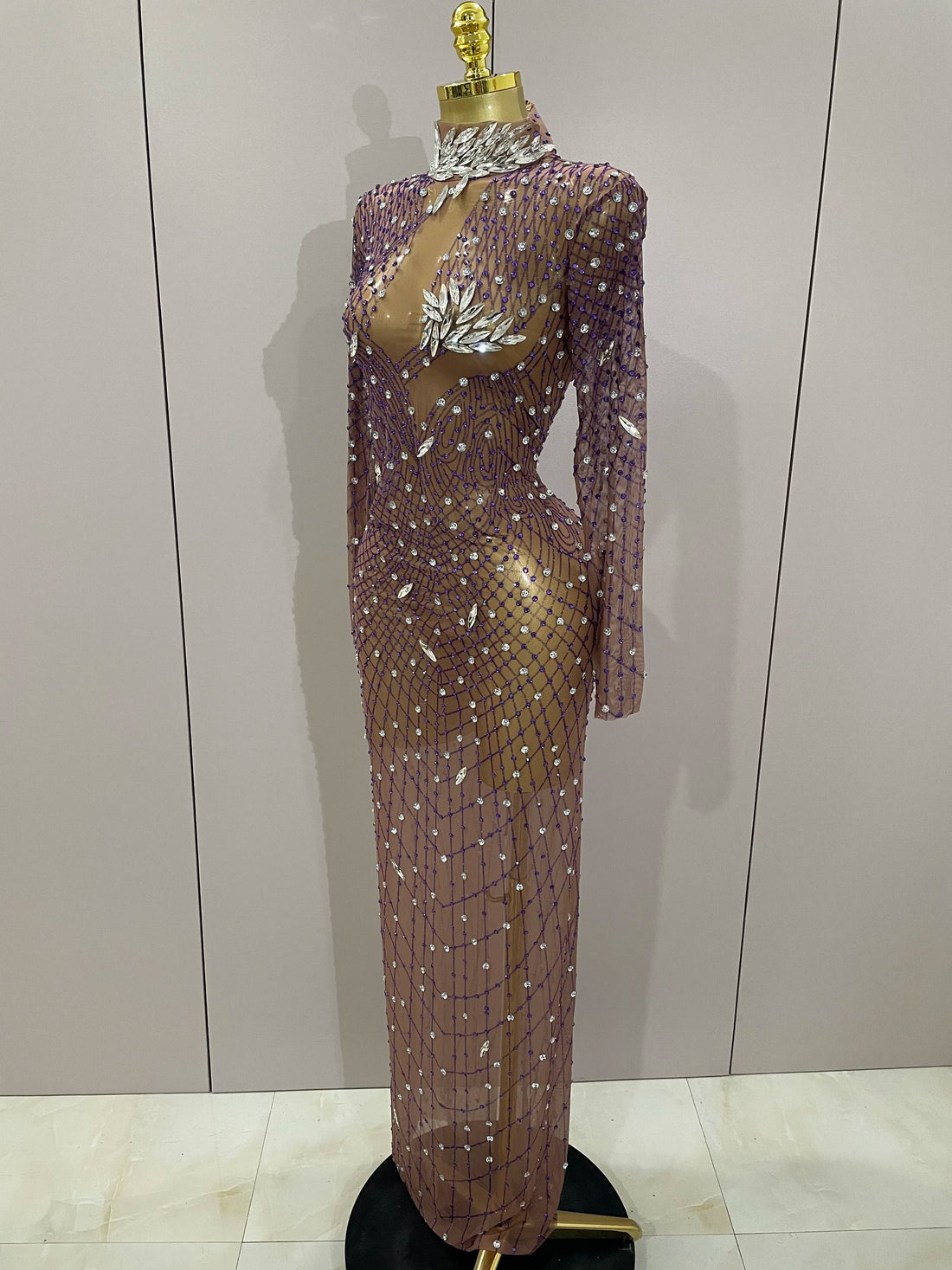 Shining Rhinestones Sexy Mesh See Through Long Dress Women Birthday Celebrate Evening Singer Show Stage Wear Photo Shoot Dress