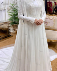 Elegantes vestidos de novia para mujer, de gasa, con cuello alto, abaya, mangas largas, hijab, vestido de novia islámico con capa