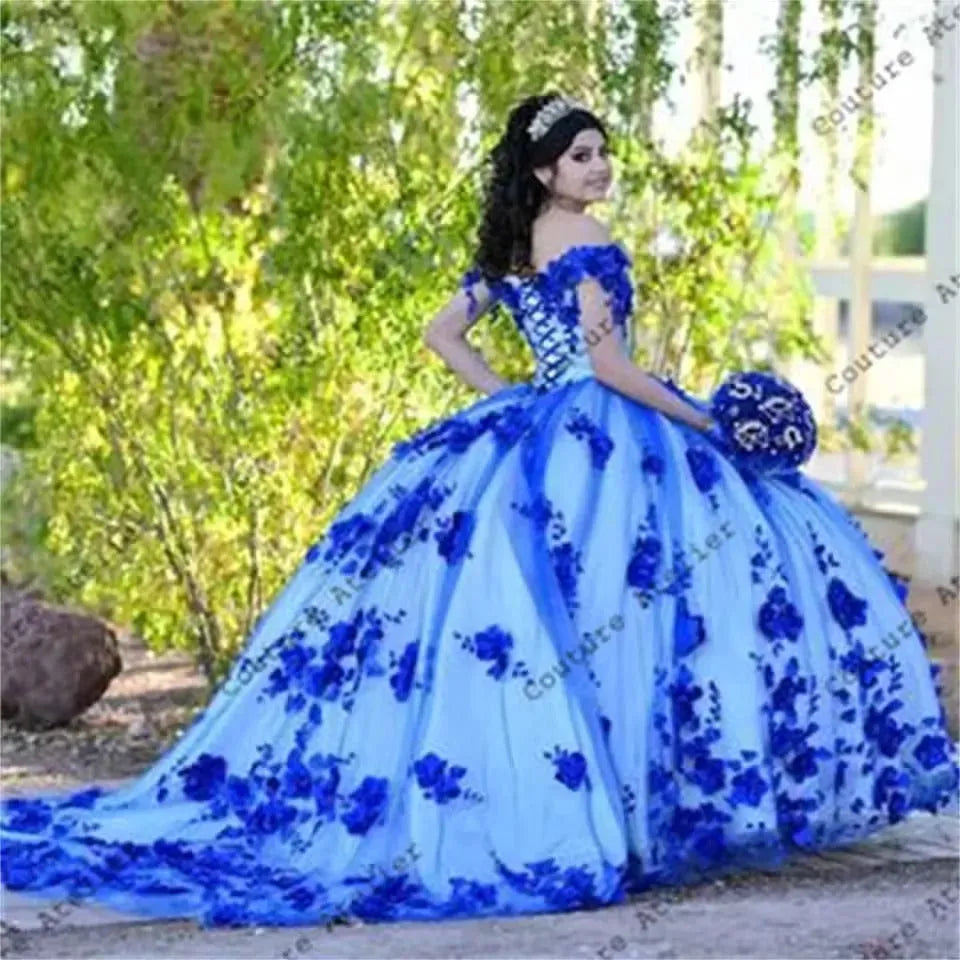 Royal Blue Beaded Pearls 3D Flowers Quinceanera Dresses Off The Shoulder Ball Gown Blue