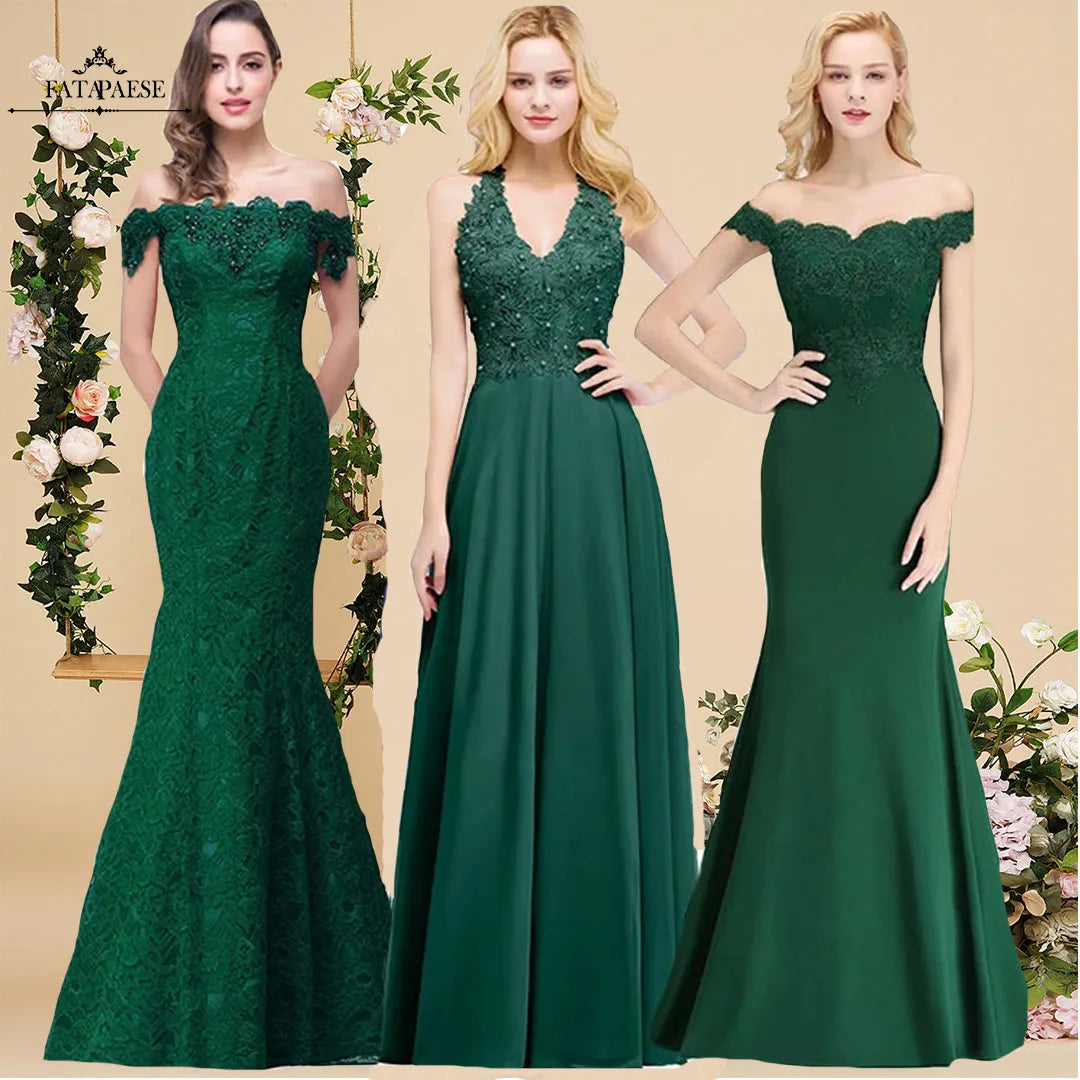 FATAPAESE Elegant Off Shoulder Lace Beading Long Green Evening Party Dresses Pearls Backless Bridesmaid Dress Formal Gown Women