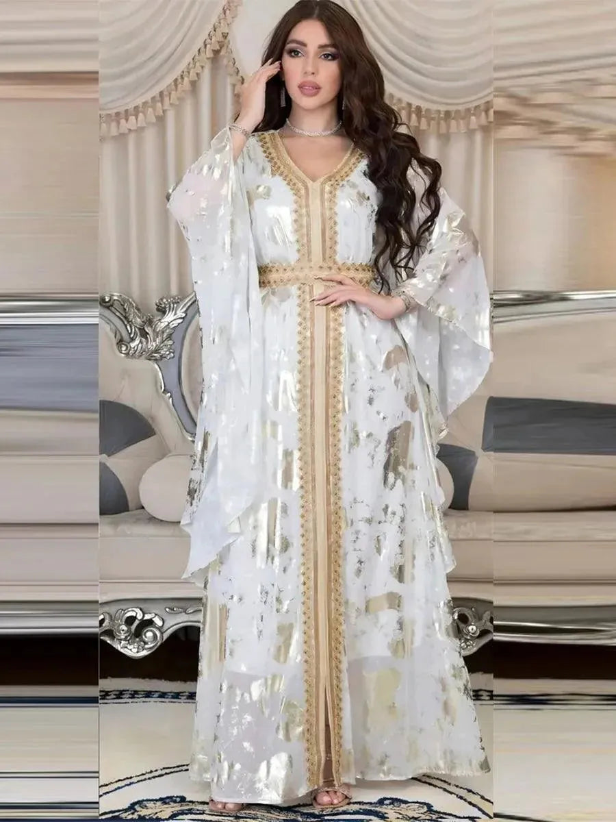 Luxurious Women's Jalabiyat Moroccan Kaftan Abaya Dubai Print V-Neck Guipure Lace Tape Belted Dress Islamic Dresses For Women