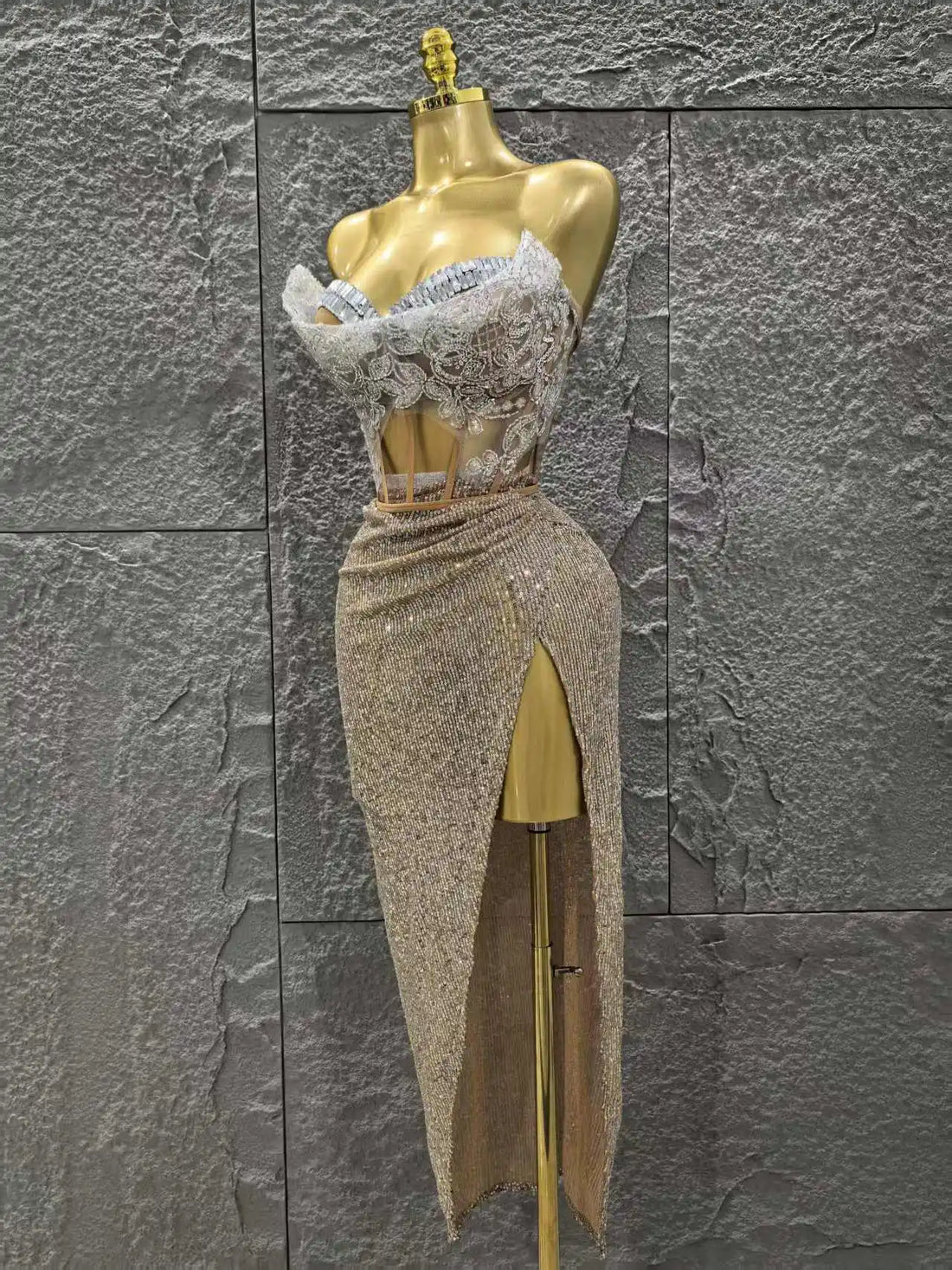 STOCK Women Sexy Strapless Shinning Crystal 2 Pieces Bodycon Mid-calf Dress Celebrate Bar Singer Performance Stage Wear