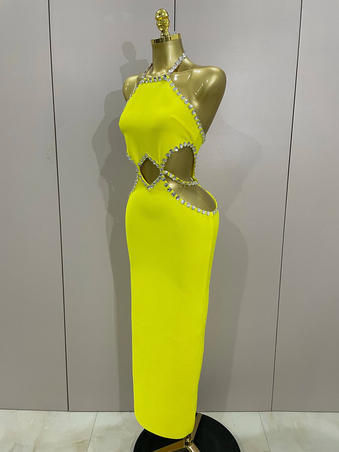 Luxury Sexy Backless Halter Beading Maxi Long Lemon Yellow Bandage Dress  Women Elegant Evening Club Birthday Party Dress