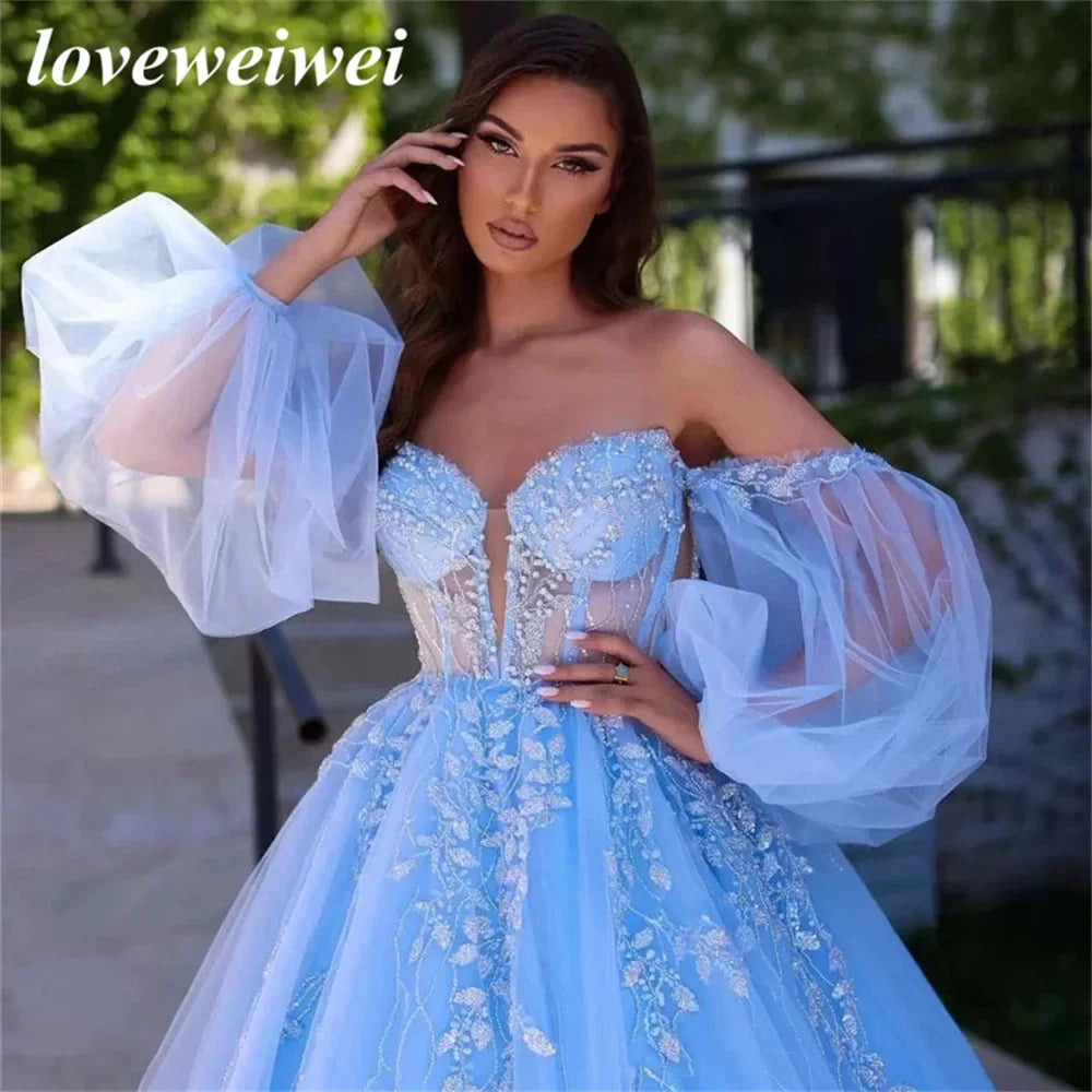 Vestido de fiesta con apliques brillantes en azul cielo, encantador, con cuentas, mangas abullonadas desmontables, vestido de baile de tul, vestido de noche estilo princesa con corsé