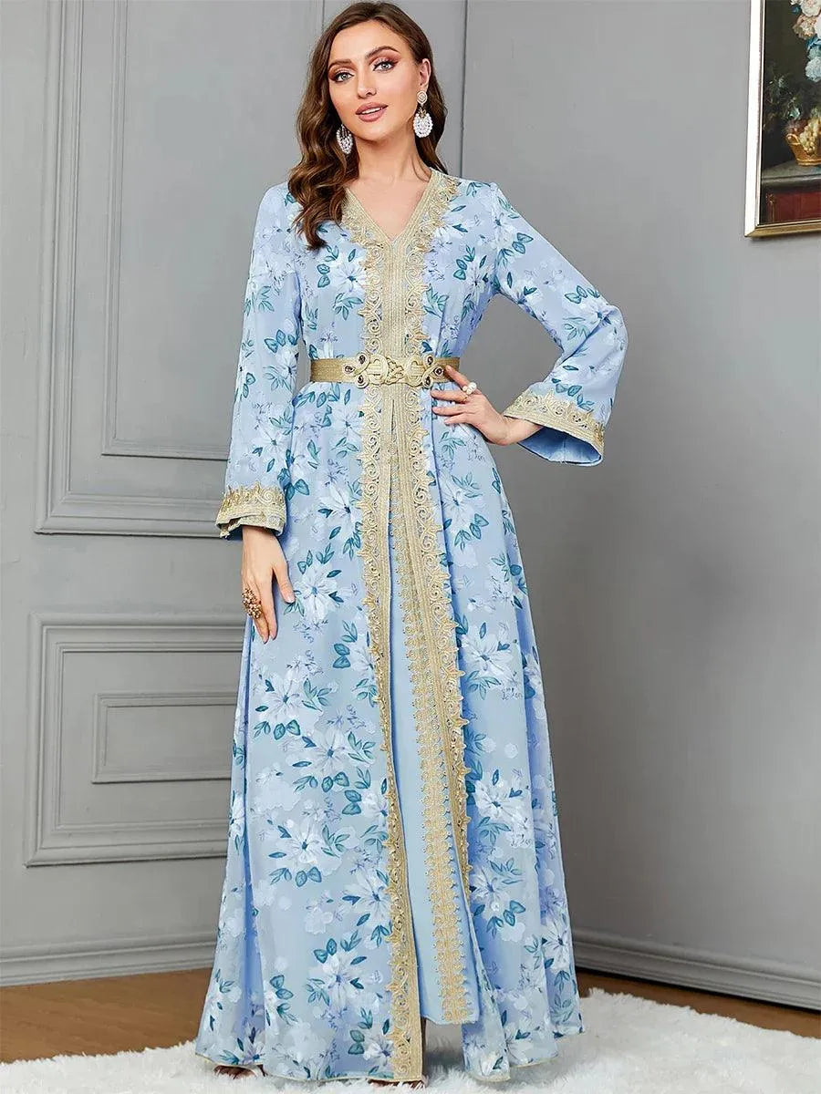 Muslim Suit Set For Africano Woman Party Moroccan Dubai Dress Fashion Printing Full Sleeve Belted Turkish Clothing Pink Dress