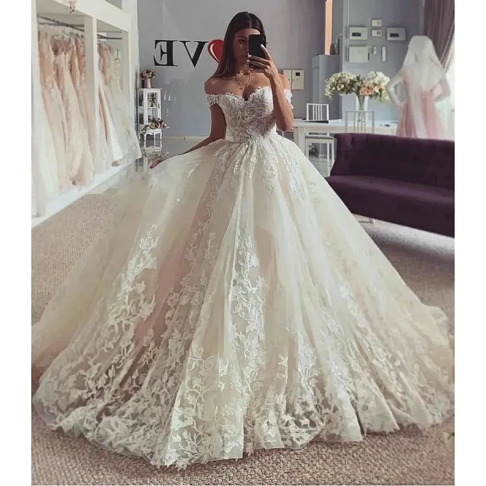 Ivory Lace Applique Wedding Dresses Women's Elegant One Shoulder A-Line Princess Bridal Gowns Formal Party Vestido De Noiva Beige