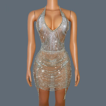 Sparkly Crystal Fringes Prom Dress Sexy Mesh Velvet Party Nightclub Birthday Outfit Performance Dance Costume Stage Wear Yuanpan