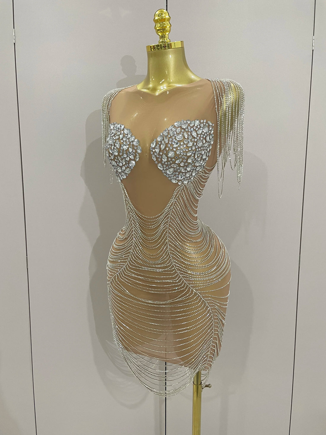 2025 New Sparkly Diamonds Crystal Sexy Mesh See Through Mini Dress Women Birthday Party Club Celebrate Stage Performance Costume