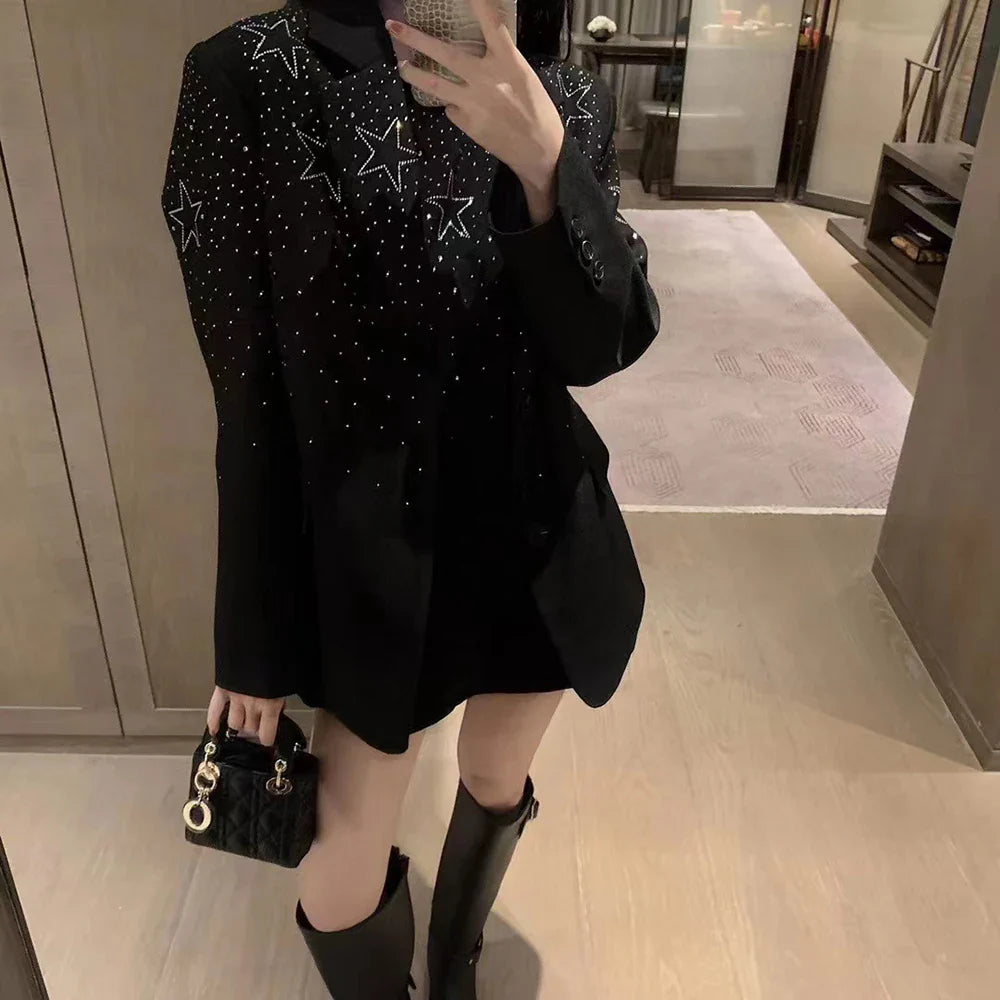 Solid Spliced Bedazzle Jackets for Women Lapel Long Sleeves Patchwork Single Breasted Temperament Jacket Female New