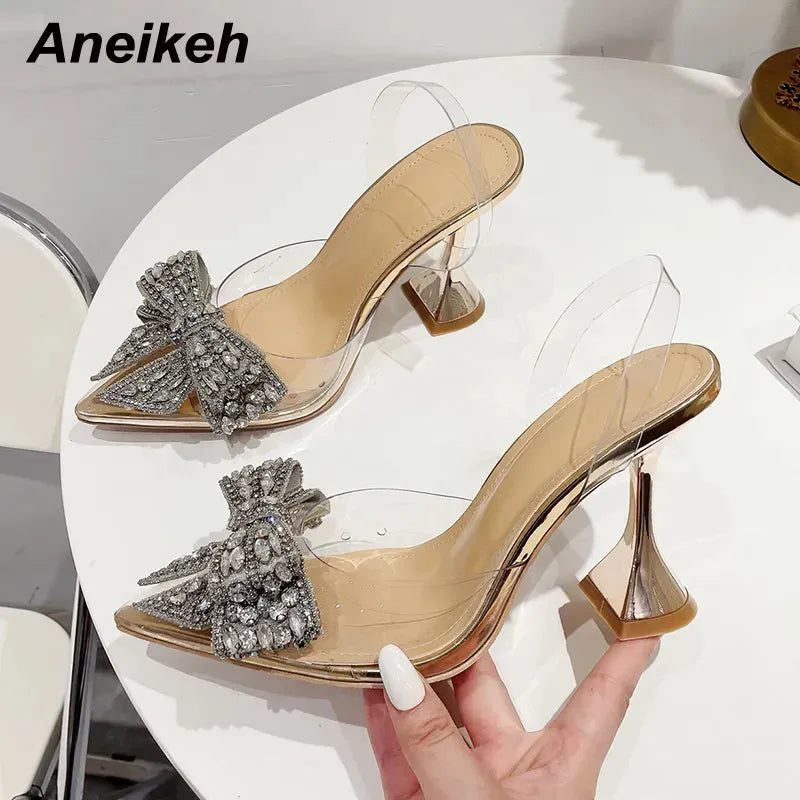 Aneikeh Summer Women Fashion Shoe Sexy High Heel Ankle Slingbacks Buckle Strap Pointed Toe Butterfly-Knot Decoration Pumps