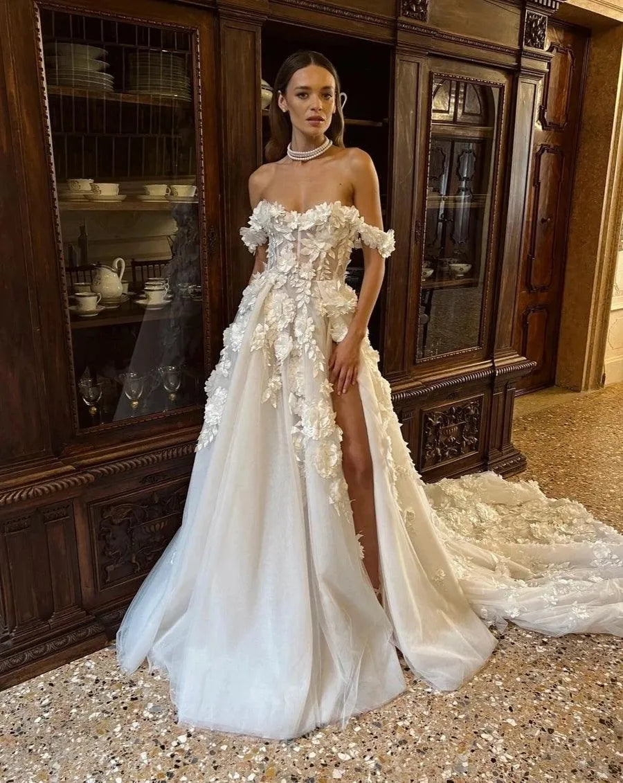 Lace Applique Wedding Dresses A-Line Sexy Mermaid Off The Shoulder Sleeveless High Slit Simple Mopping Bride Gowns Custom Made Mermaid