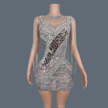 Luxury Elegant See Through Mesh Dress Sexy Silver Tassel Gala Evening Dress Women Crystals High-end Tight Fitting Dress Longlin