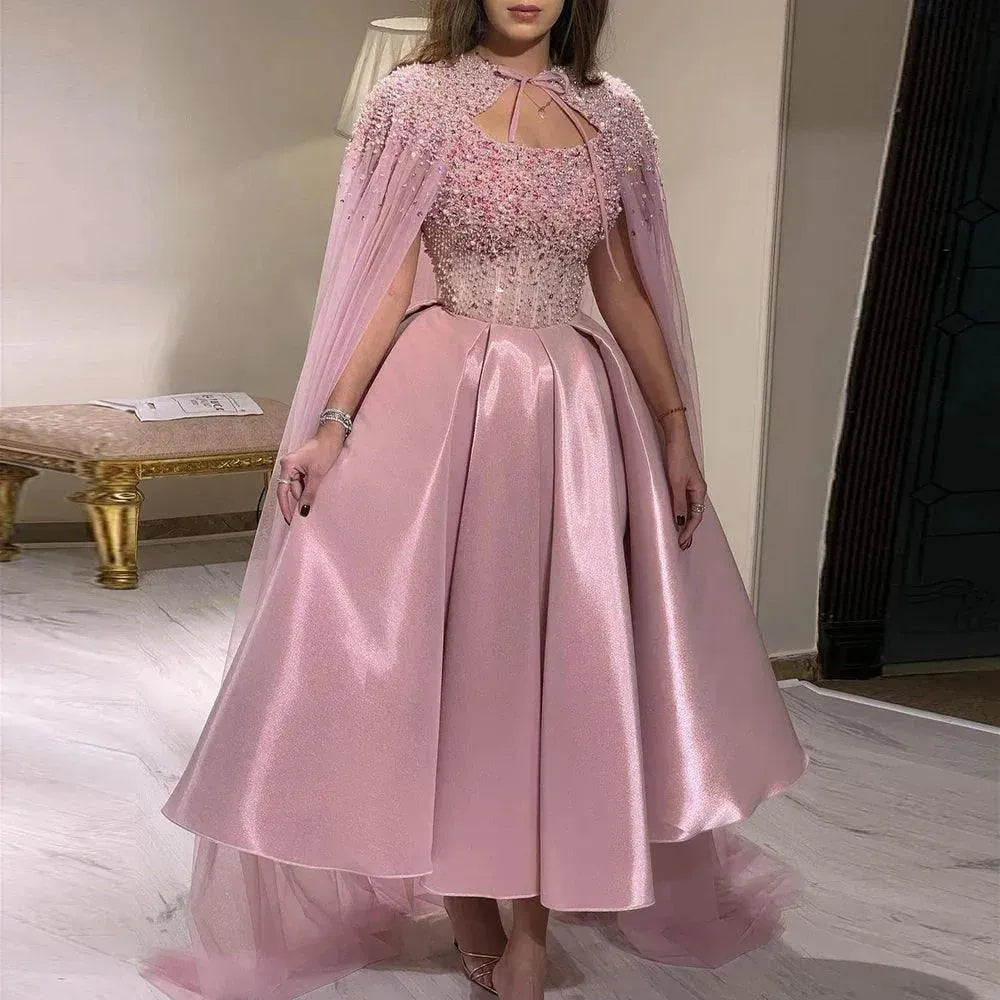 Luxury Dubai Pink Arabic Evening Dress with Cape Turquoise Ankle Length Short Midi Women Wedding Party Dress Evening Dress
