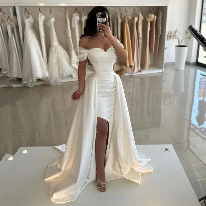 Satin Mermaid Wedding Dresses Off The Shoulder Bride Dress Side Split Vestido de novia With Train Wedding Gowns