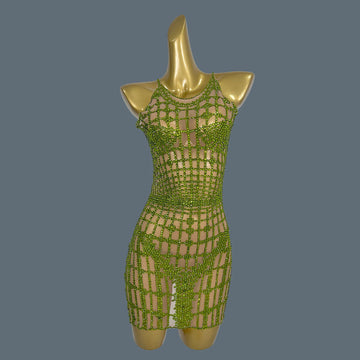 Shiny Green Diamond Short Dress Women Prom Club Sexy Party Celebrate Birthday Mini Dress Fashion Photo Shoot Wear Qipan