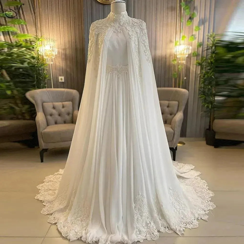 Dubai Muslim Wedding Gowns for Bride Pearls Chiffon Appliques Arabic Bridal Dress with Cape Long Sleeves Vestidos Novias Boda Ivory