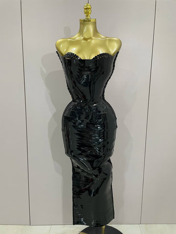 Black Shiny Sequin Sexy Chest Wrapped Dress  New  Women Fashion Eveing Celebrate Birthday Party Stage Costume