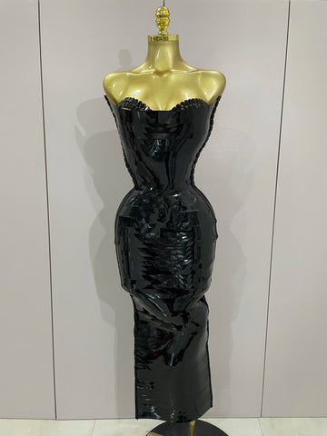 Black Shiny Sequin Sexy Chest Wrapped Dress 2025 New Women Fashion Eveing Celebrate Birthday Party Stage Costume