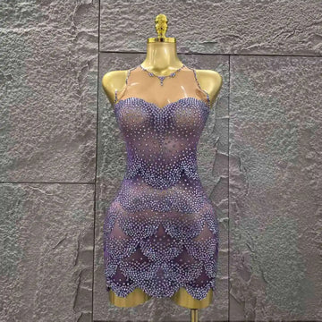 Robe mini moulante violette pour femme, sans manches, sexy, diamants brillants, mesh transparent, tenue pour fête d'anniversaire, scène