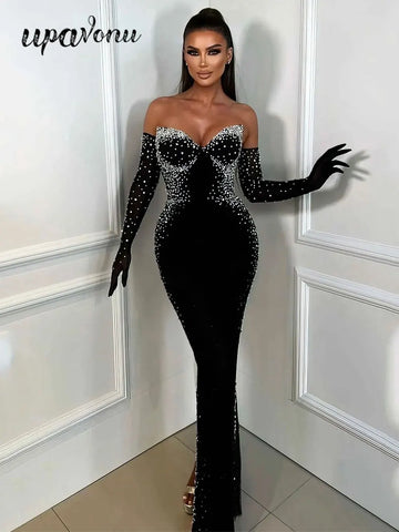 2025 Women Light Luxury Beaded Velvet Dress+Thin Gauntlet Gloves Fashion Bodycon Bareback Sexy Long Dress Evening Party Vestidos