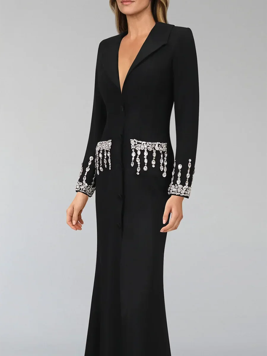 Solid Slimming Spliced Diamonds Dresses for Women Lapel Long Sleeves Patchwork Single Breasted Dress Female Fashion