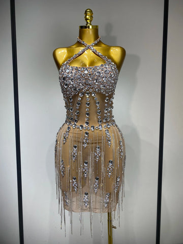 Luxury Rhinestone Evening Party Dress Women Sexy Halter See Through Mesh Luxury Birthday Gowns Nightclub Singer Stage Outfit