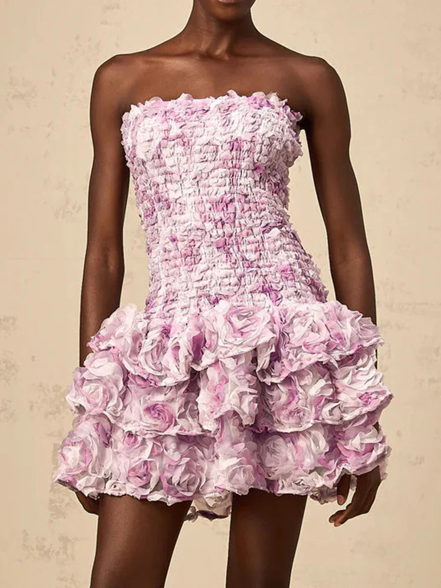 Colorblock Fashion Temperament Dresses for Women Strapless Sleeveless Patchwork 3D Flowers Dress Female Clothing