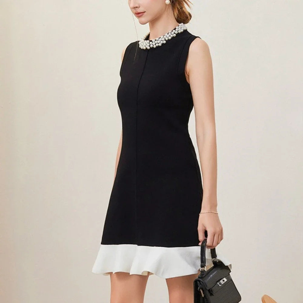 Hit Color Slimming Spliced Bead Elegant Mini Dresses for Women Round Neck Sleeveless Patchwork Ruffles Dress Female