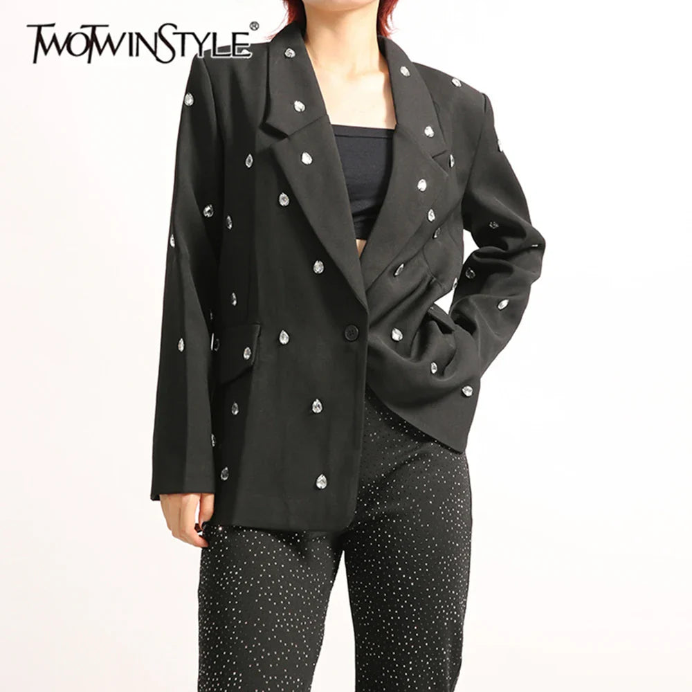 Solid Loose Spliced Bead Elegant Jackets for Women Lapel Long Sleeves Patchwork Button Jacket Female Clothing New