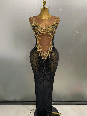 Sexy Sparkly Rhinestones Sleeveless Long Dress  New Women Birthday Celebrate Evening Photo Shoot Stage Performance Costume