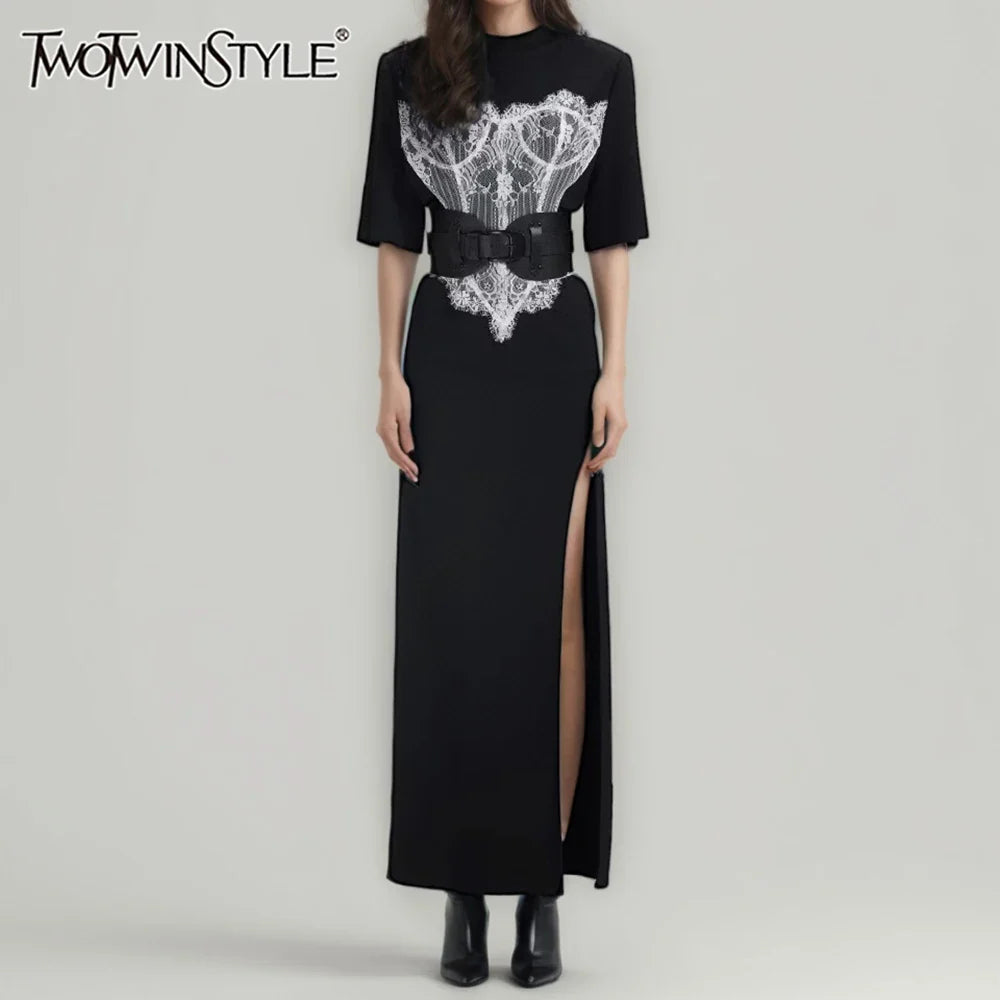 Hit Color Slimming Spliced Lace Dresses for Women Round Neck Half Sleeve Split Temperament Dress Female Fashion New