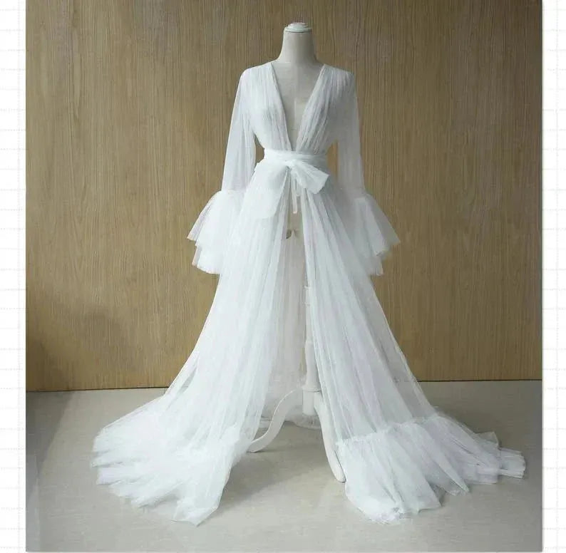 Custom Made White Tulle Robe Dress For Women Wedding Pajamas Gowns Bride Elegant Bride Bathrobe White