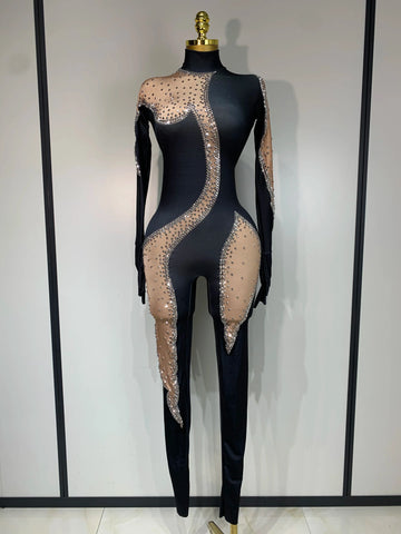 Fashion Sparkly Rhinestone Bodycon Bodysuit Female Singer Dancer Stage Perform Outfit Luxury Birthday Club Drag Queen Costume