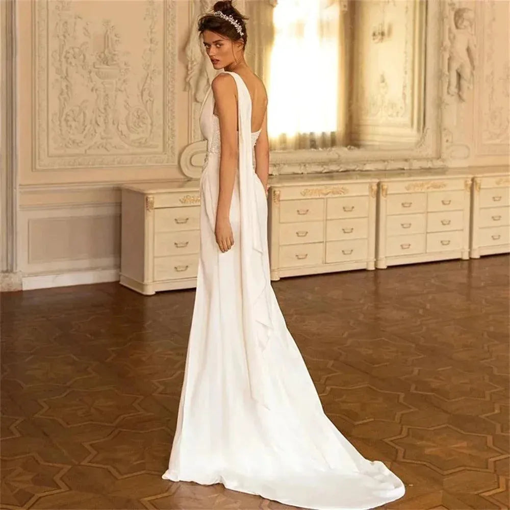 Satin Elegant Wedding Dresses Square Collar One Shoulder Bridal Gowns Sexy Backless Robes Side Slit Vestidos De Novia 14W