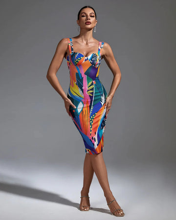 Women Sleeveless Sexy Square Collar Colorful Print Bodycon Mini Bandage Dress Nightclub Party Birthday Dress