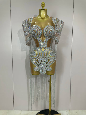 Sparkly Rhinestones Sequins Sexy Mesh Tassels Cape Short Dress  Women Evening Birthday Party Nightclub Stage Costume