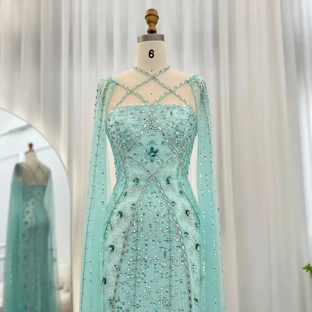 Luxury Dubai Aqua Lilac Arabic Mermaid Evening Dress with Cape Sleeves Criss Cross Women Wedding Party Gowns Evening Dress