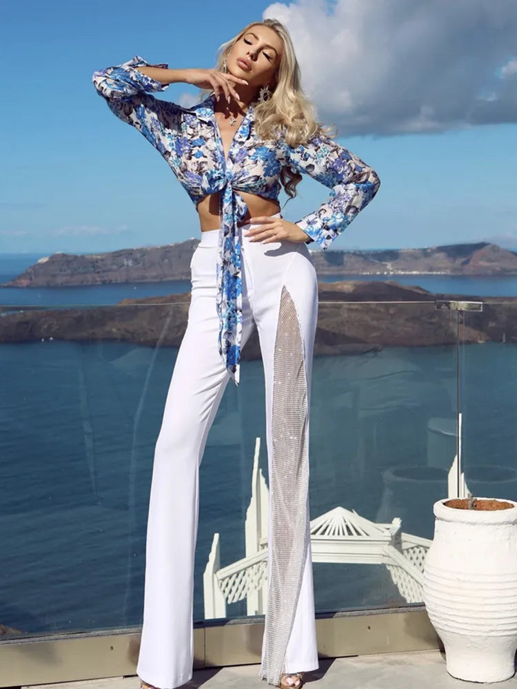 Top Quality Celebrity Black White Red Rayon Bandage Flare Pants Fashion Diamond Keyholes Bodycon Full Length Pants